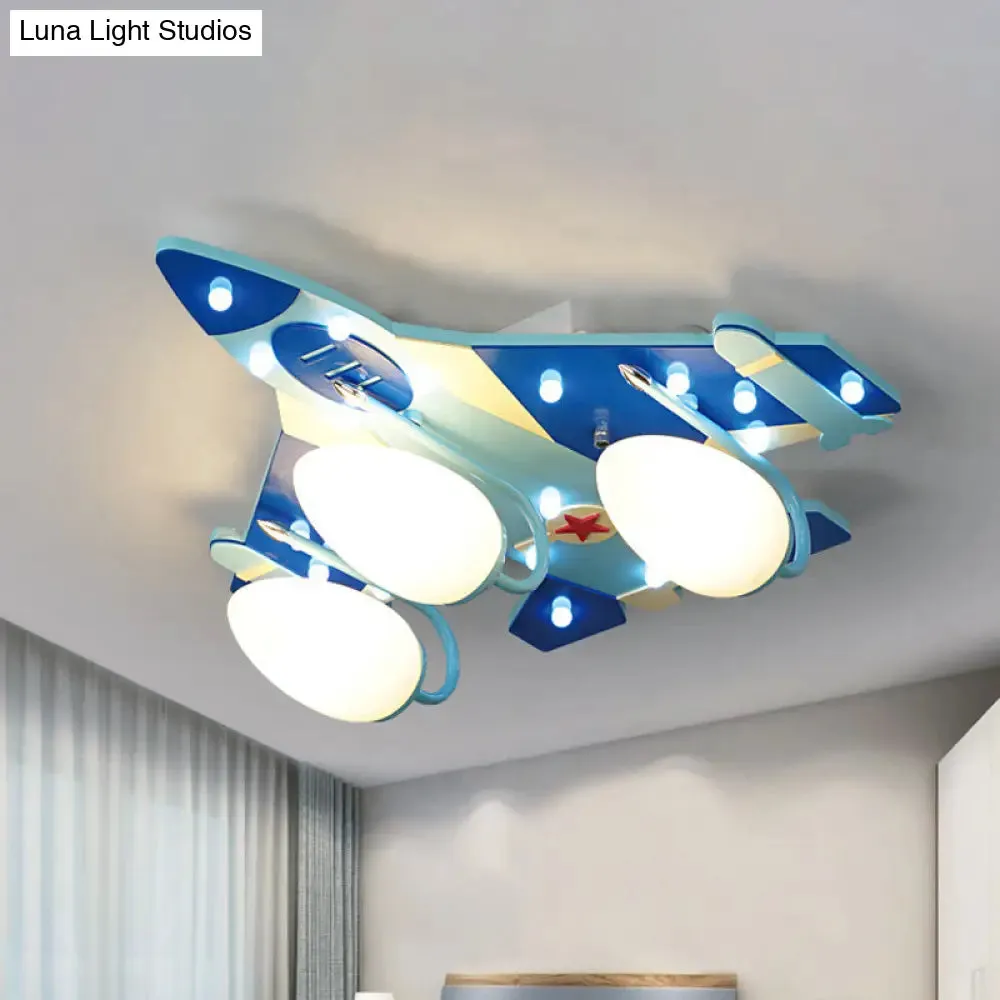 Opaline Glass 3-Head Bomber Plane Ceiling Lamp for Child's Bedroom - Blue