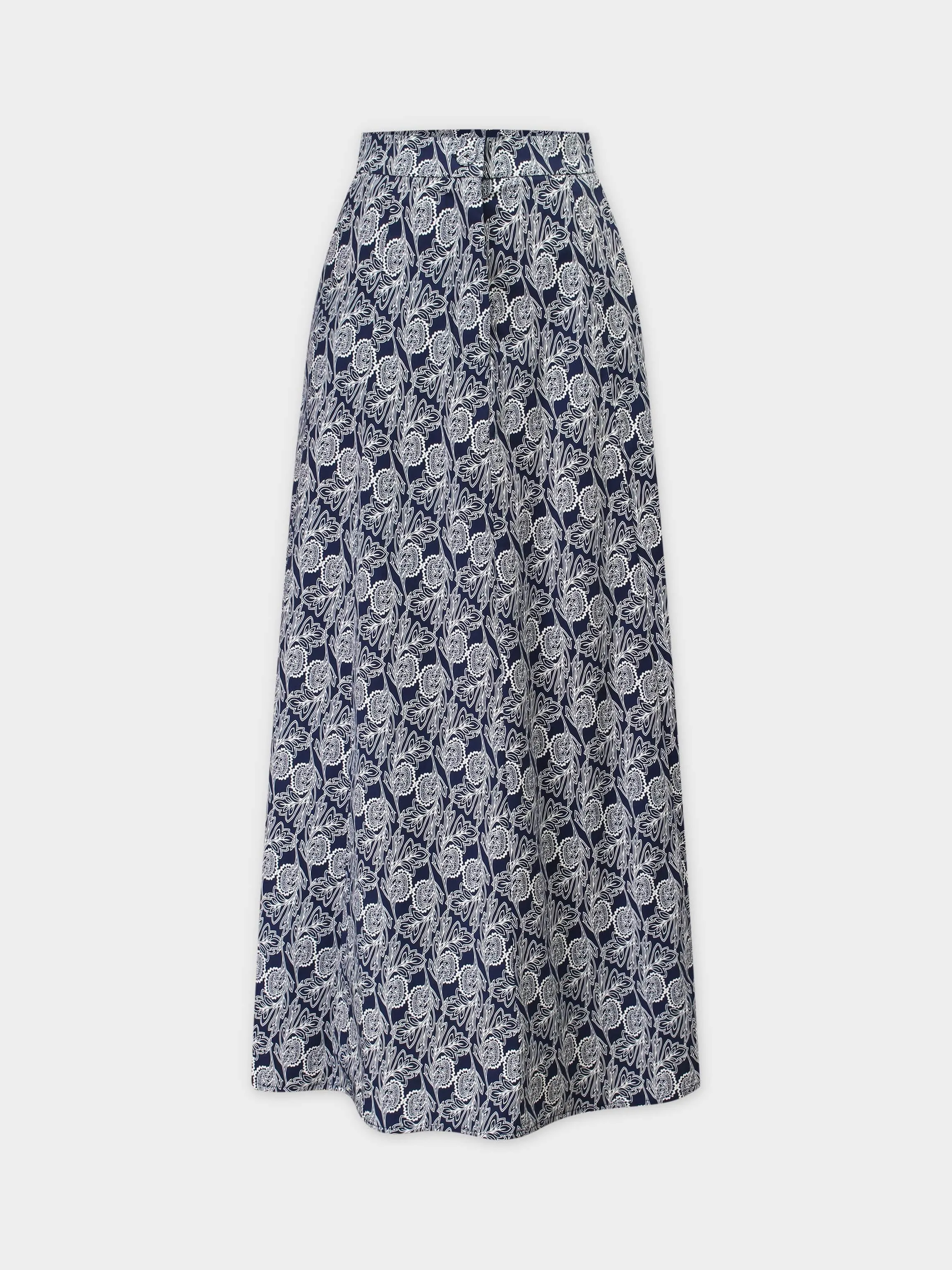 Pattern A-Line Seamed Skirt-Navy Branches