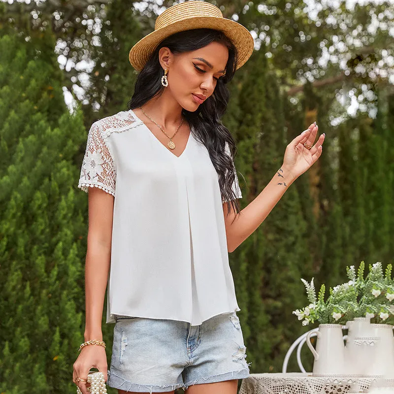Pleated Lace Sleeve Blouse