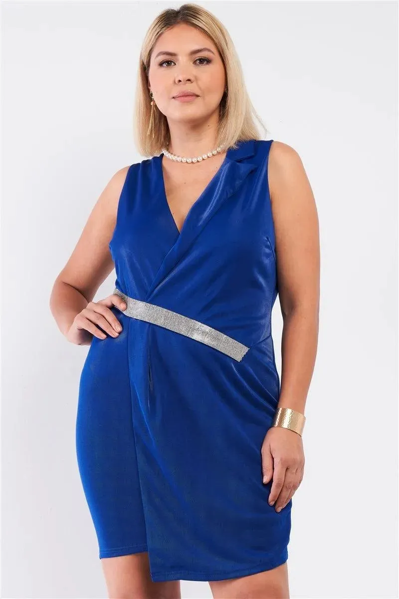 Plus Size Black V-Neck Asymmetrical Wrap Rhinestones Detail Fitted Mini Blazer Dress
