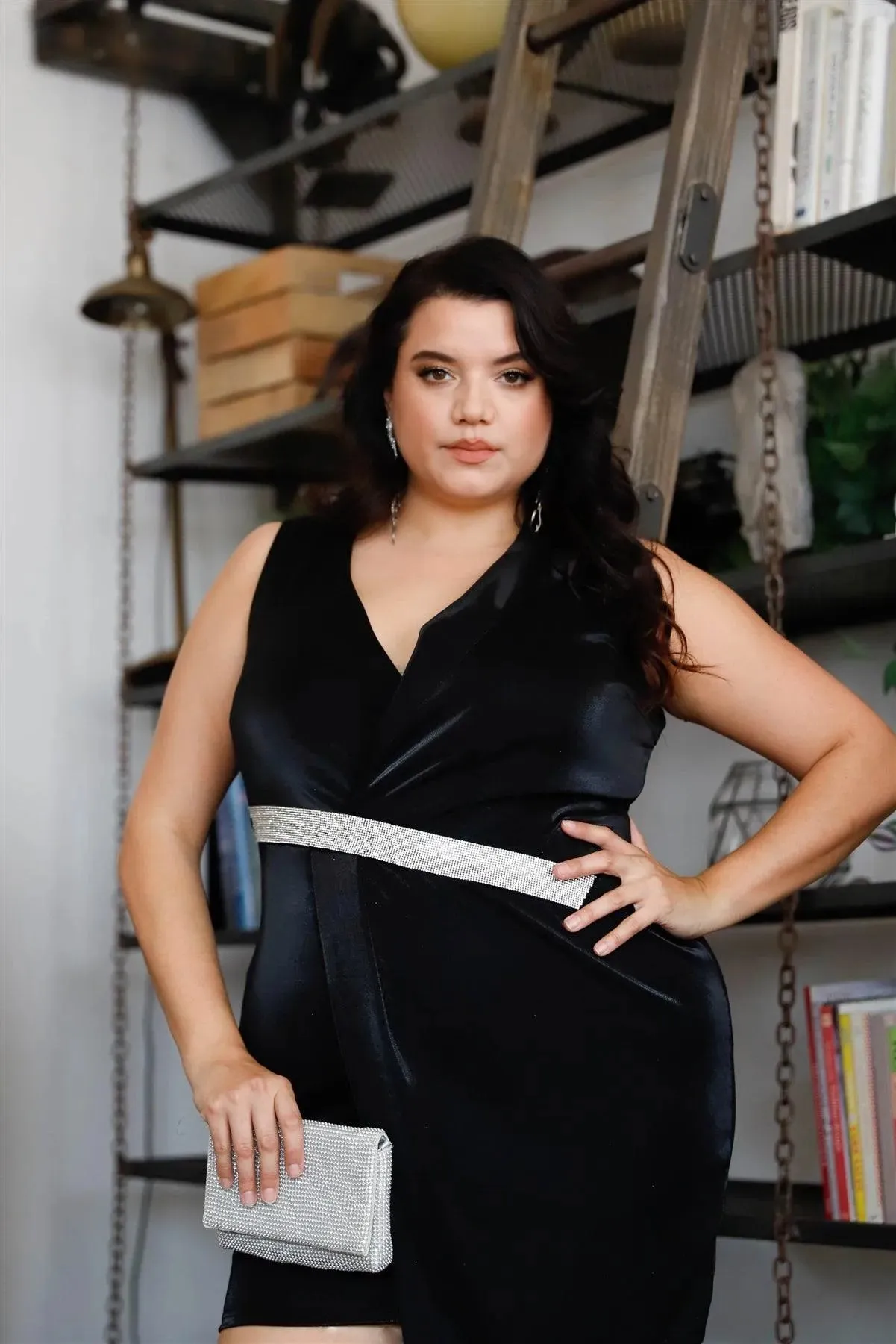 Plus Size Black V-Neck Asymmetrical Wrap Rhinestones Detail Fitted Mini Blazer Dress