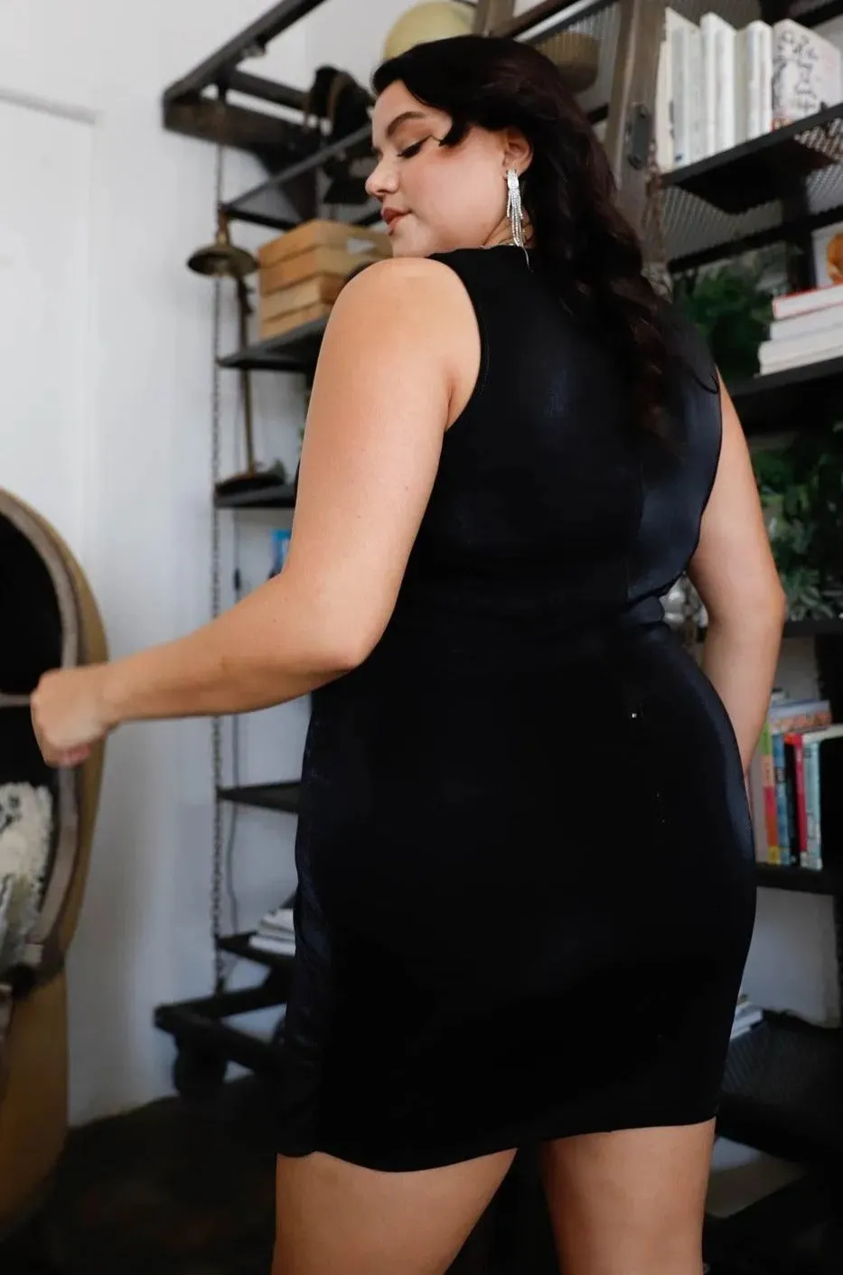 Plus Size Black V-Neck Asymmetrical Wrap Rhinestones Detail Fitted Mini Blazer Dress