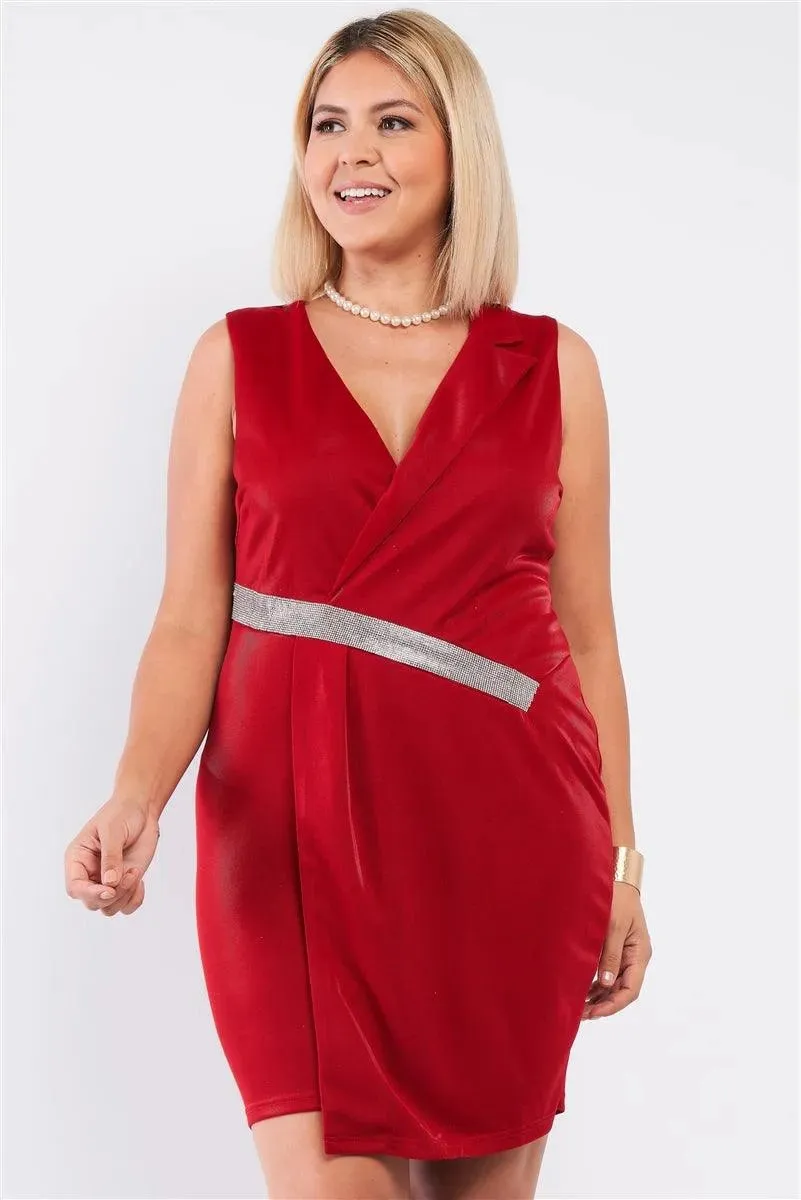 Plus Size Black V-Neck Asymmetrical Wrap Rhinestones Detail Fitted Mini Blazer Dress