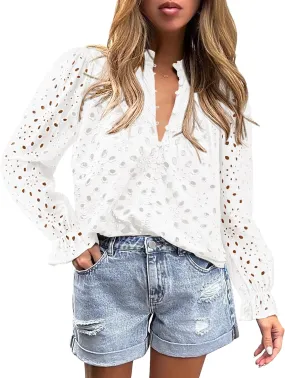 PRETTYGARDEN Women's Dressy Casual Blouse Tops Fall Spring Puff Long Sleeve Button V Neck Hollow Out Lace Embroidered Shirts