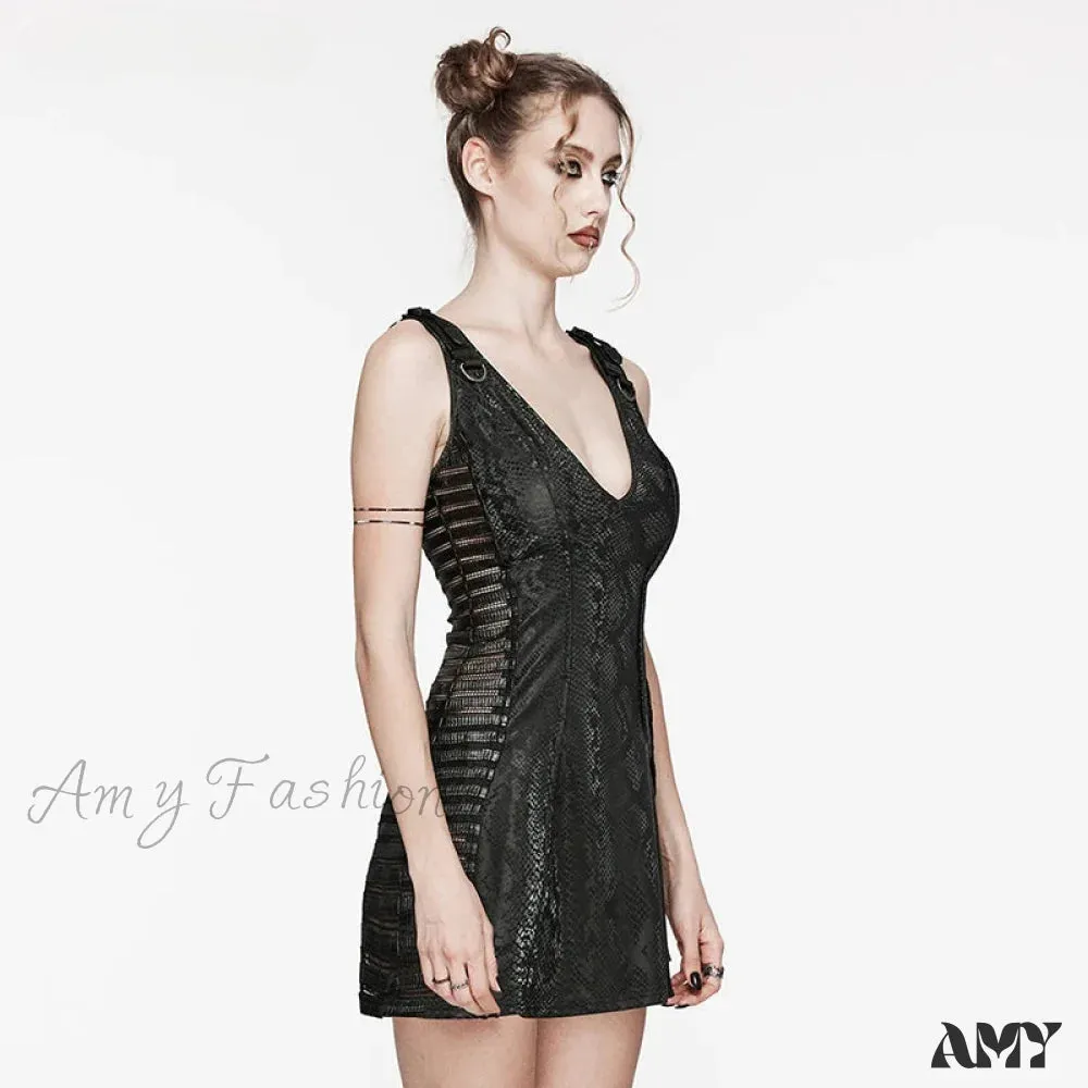 Punk Sexy Deep V-neck See-through Splicing Horizontal Mesh Daily Party Club Small Short Summer Gothic Dress