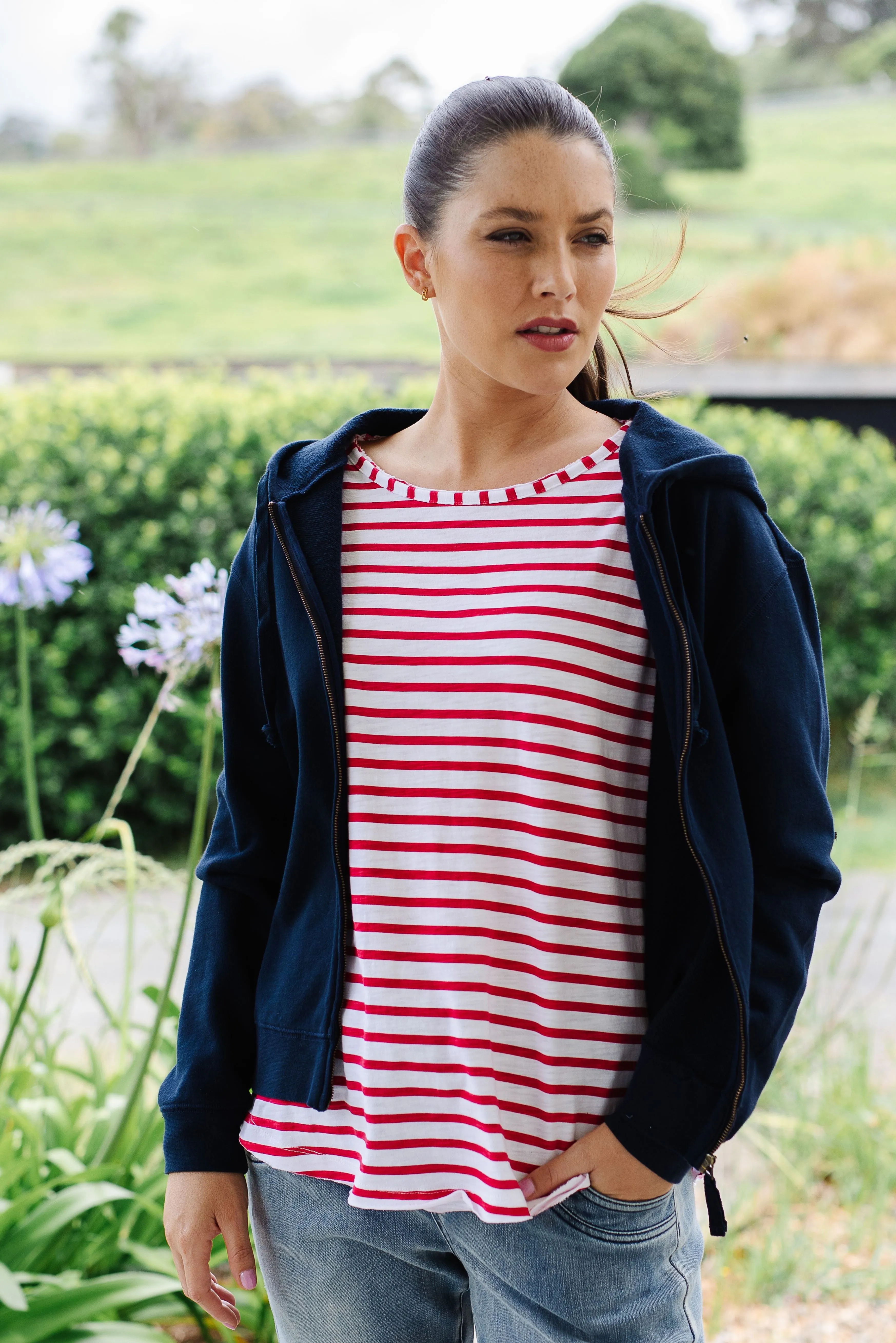 Raglan Cotton Stripe Tee White/Red