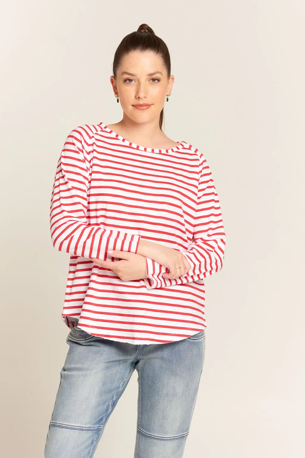 Raglan Cotton Stripe Tee White/Red