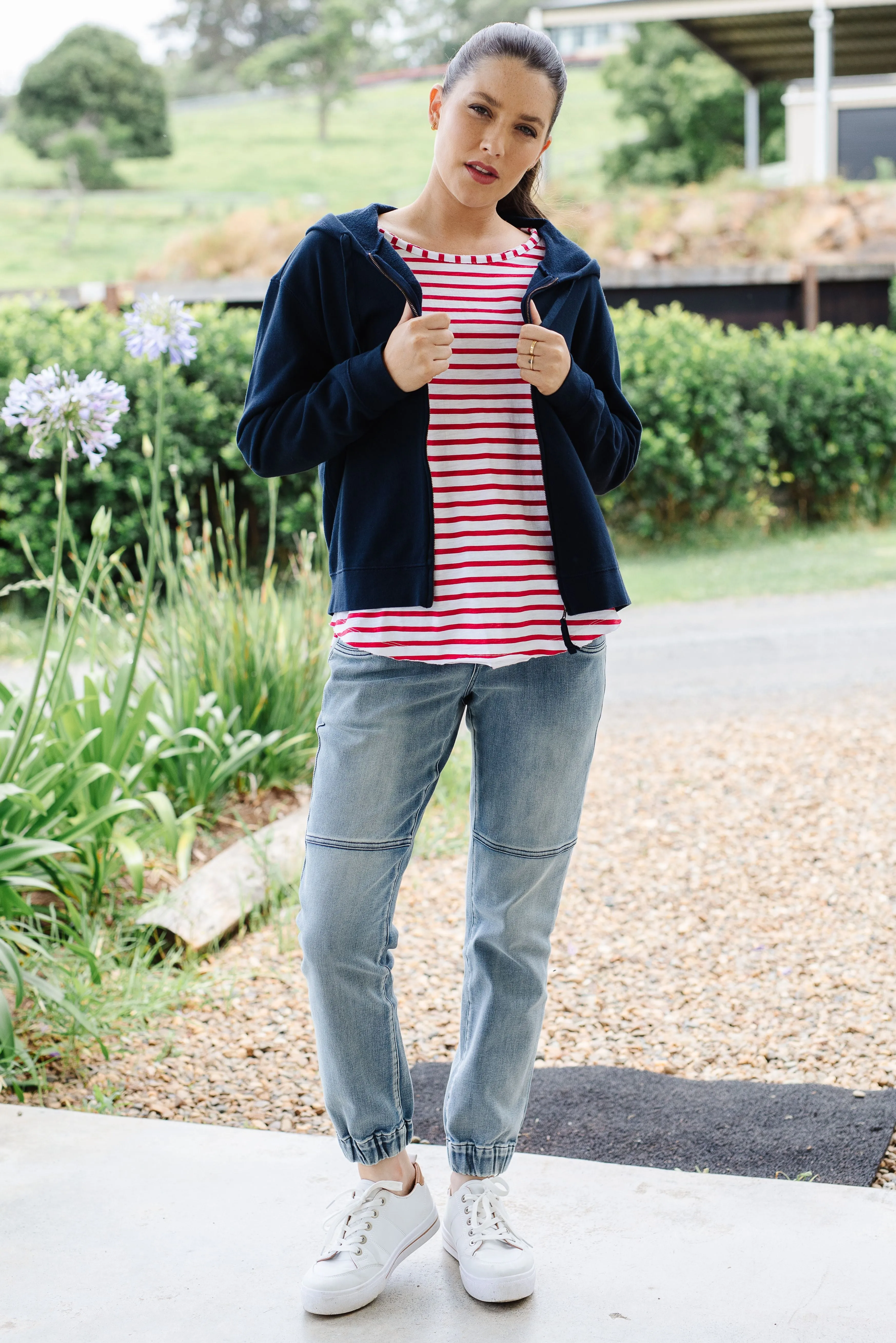 Raglan Cotton Stripe Tee White/Red