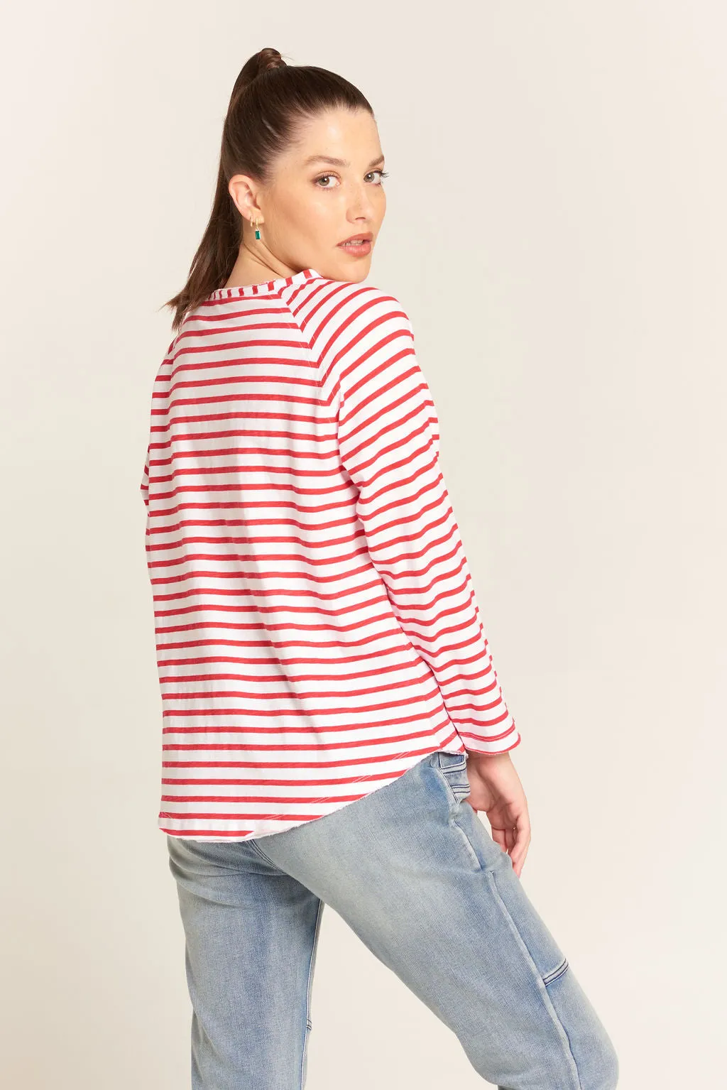 Raglan Cotton Stripe Tee White/Red