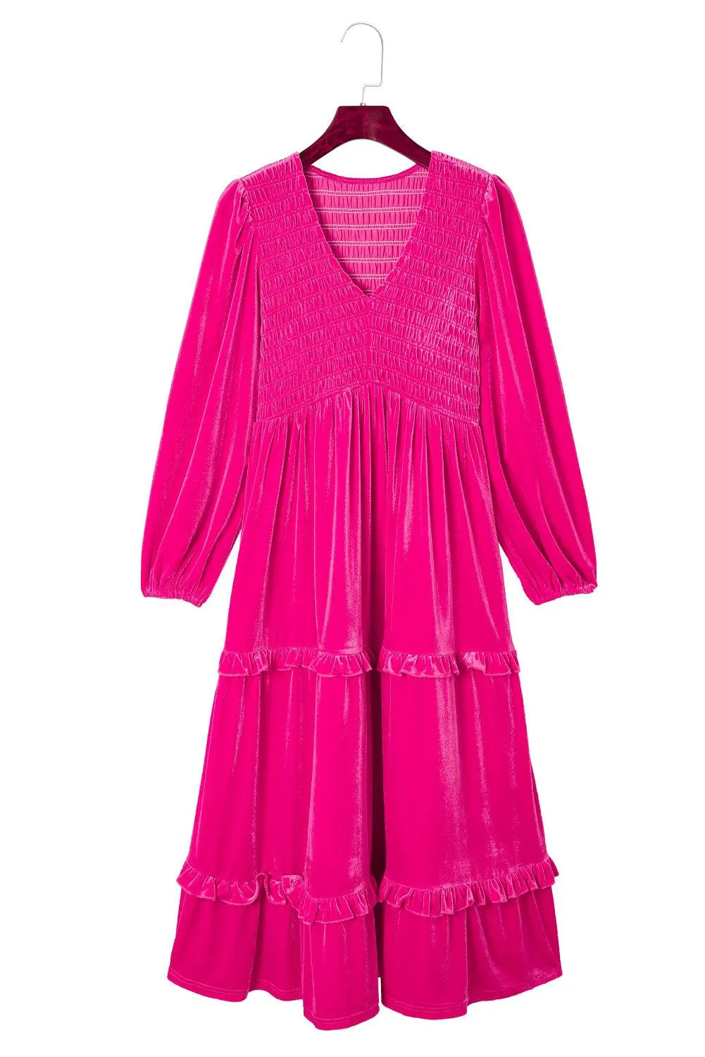 Rose Red Shirred V Neck Long Sleeve Velvet Maxi Dress for Women