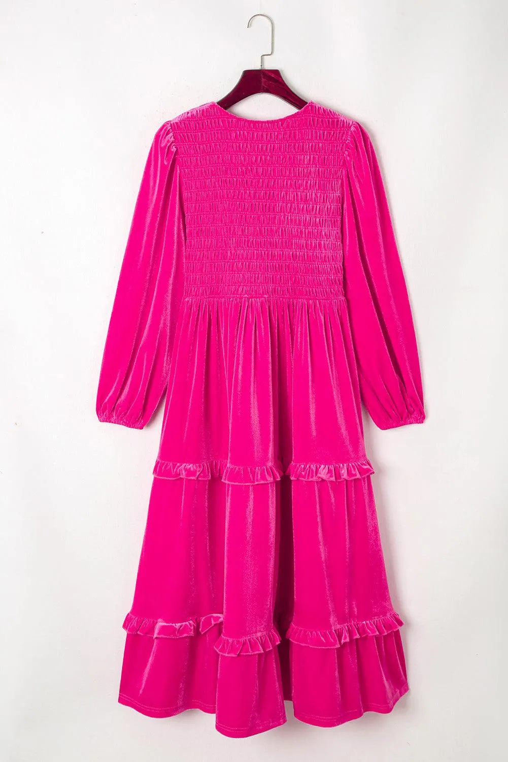 Rose Red Shirred V Neck Long Sleeve Velvet Maxi Dress for Women