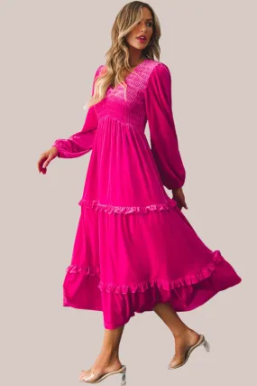 Rose Red Shirred V Neck Long Sleeve Velvet Maxi Dress for Women