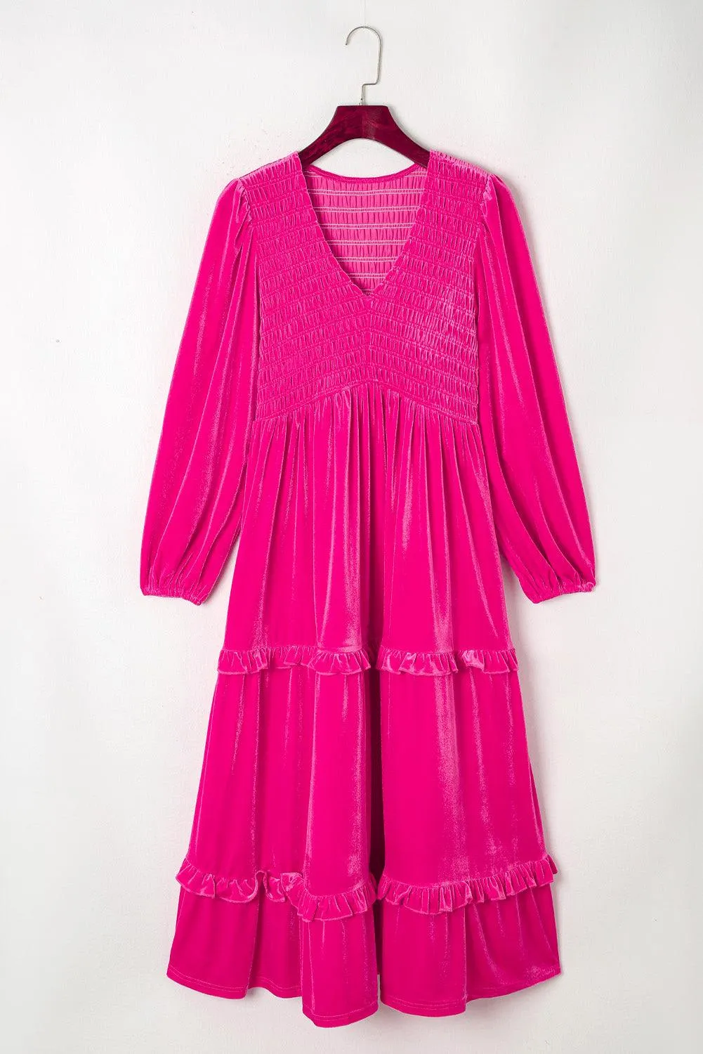 Rose Red Shirred V Neck Long Sleeve Velvet Maxi Dress for Women