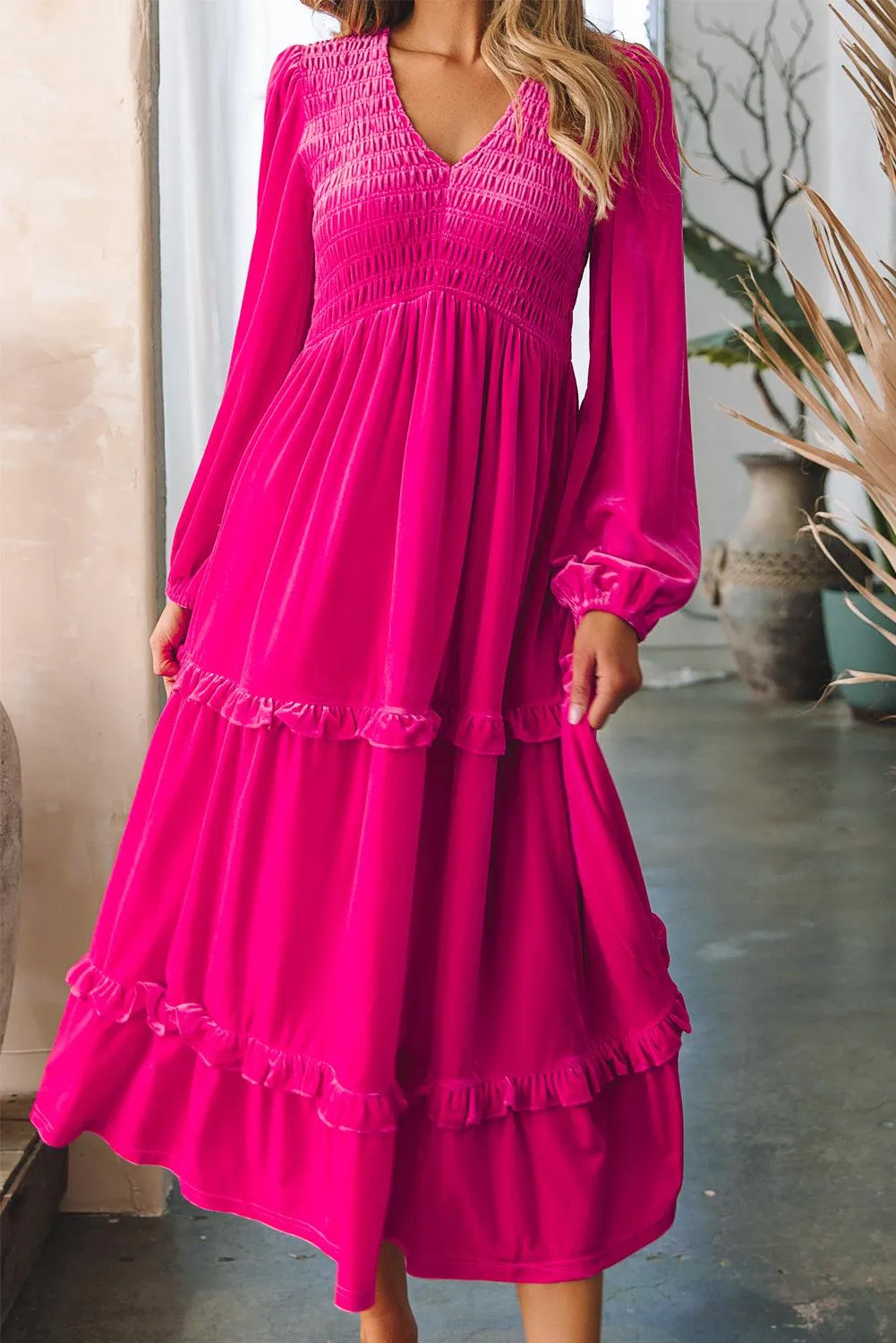 Rose Red Shirred V Neck Long Sleeve Velvet Maxi Dress for Women