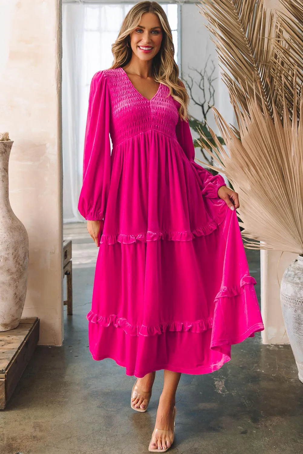 Rose Red Shirred V Neck Long Sleeve Velvet Maxi Dress for Women