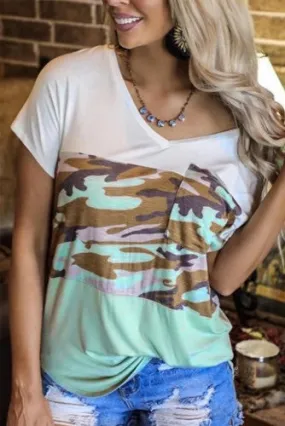 Sage Green Camo Color Block Pocket Tee