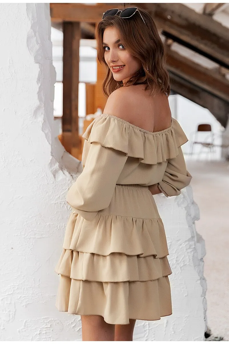 Sexy Off Shoulder Summer Elegant Ruffle Solid A-line Sundress Mini Dress