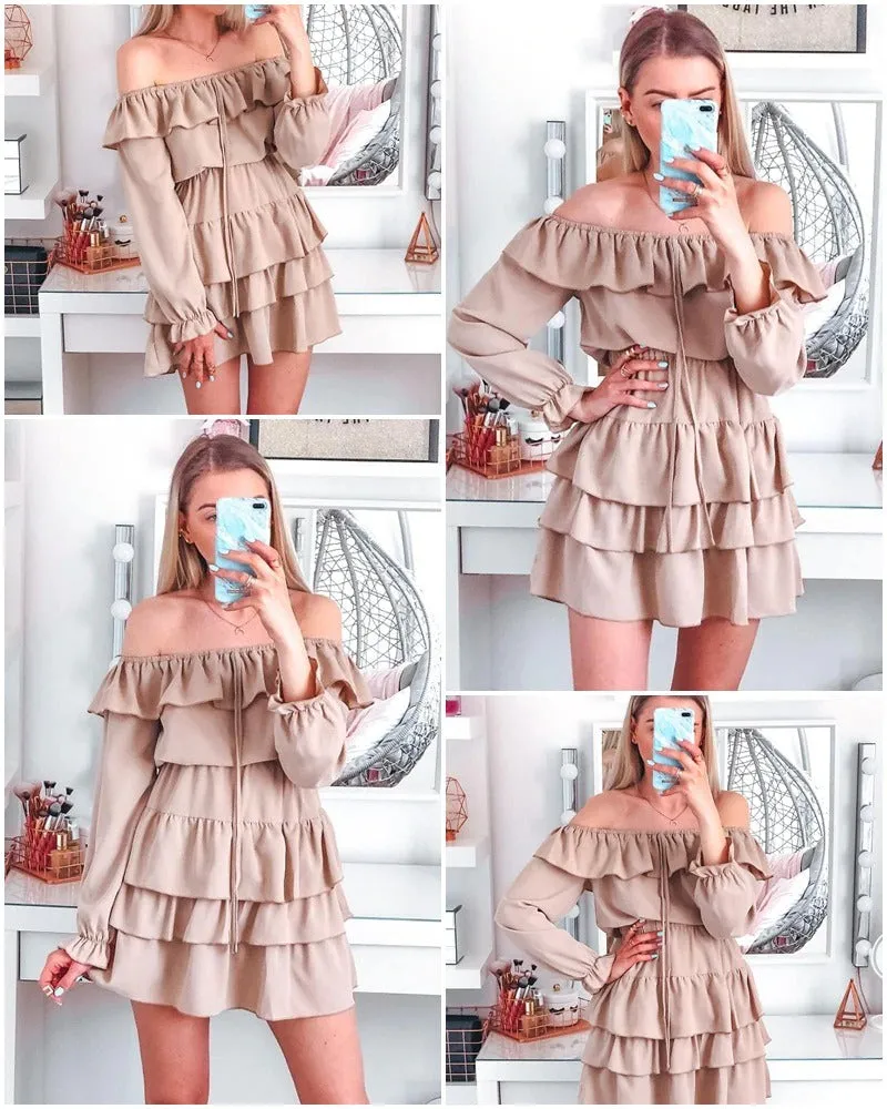 Sexy Off Shoulder Summer Elegant Ruffle Solid A-line Sundress Mini Dress