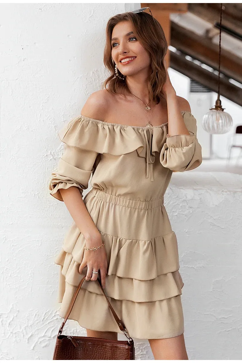 Sexy Off Shoulder Summer Elegant Ruffle Solid A-line Sundress Mini Dress