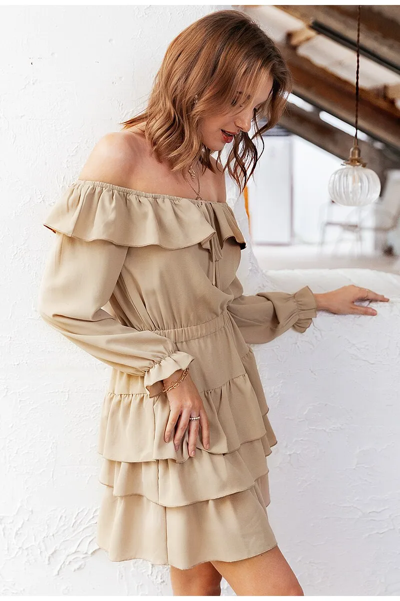 Sexy Off Shoulder Summer Elegant Ruffle Solid A-line Sundress Mini Dress