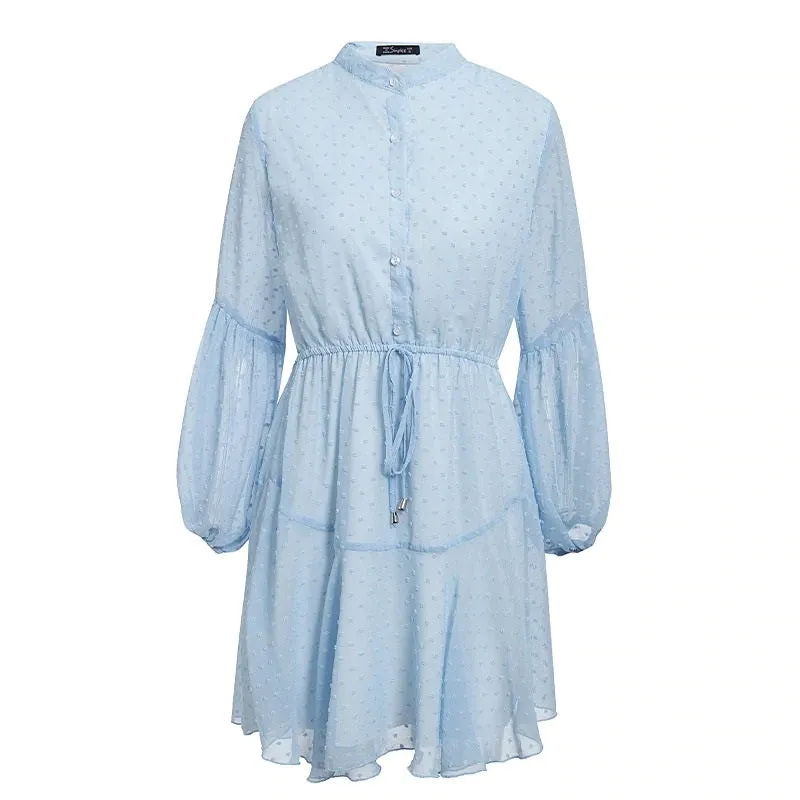 Sexy Solid Lantern Chiffon Sash Beach Party Summer Casual Work Chic O-neck Office Dress