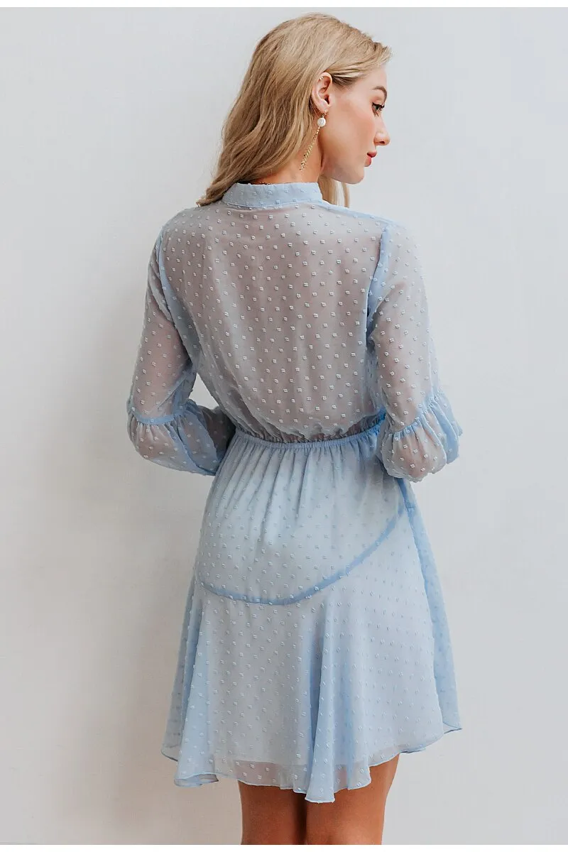 Sexy Solid Lantern Chiffon Sash Beach Party Summer Casual Work Chic O-neck Office Dress