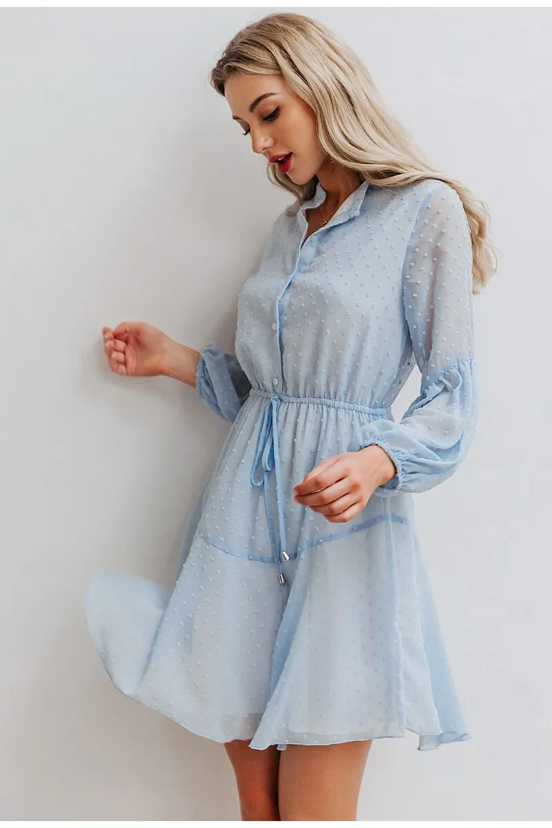 Sexy Solid Lantern Chiffon Sash Beach Party Summer Casual Work Chic O-neck Office Dress