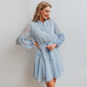 Sexy Solid Lantern Chiffon Sash Beach Party Summer Casual Work Chic O-neck Office Dress