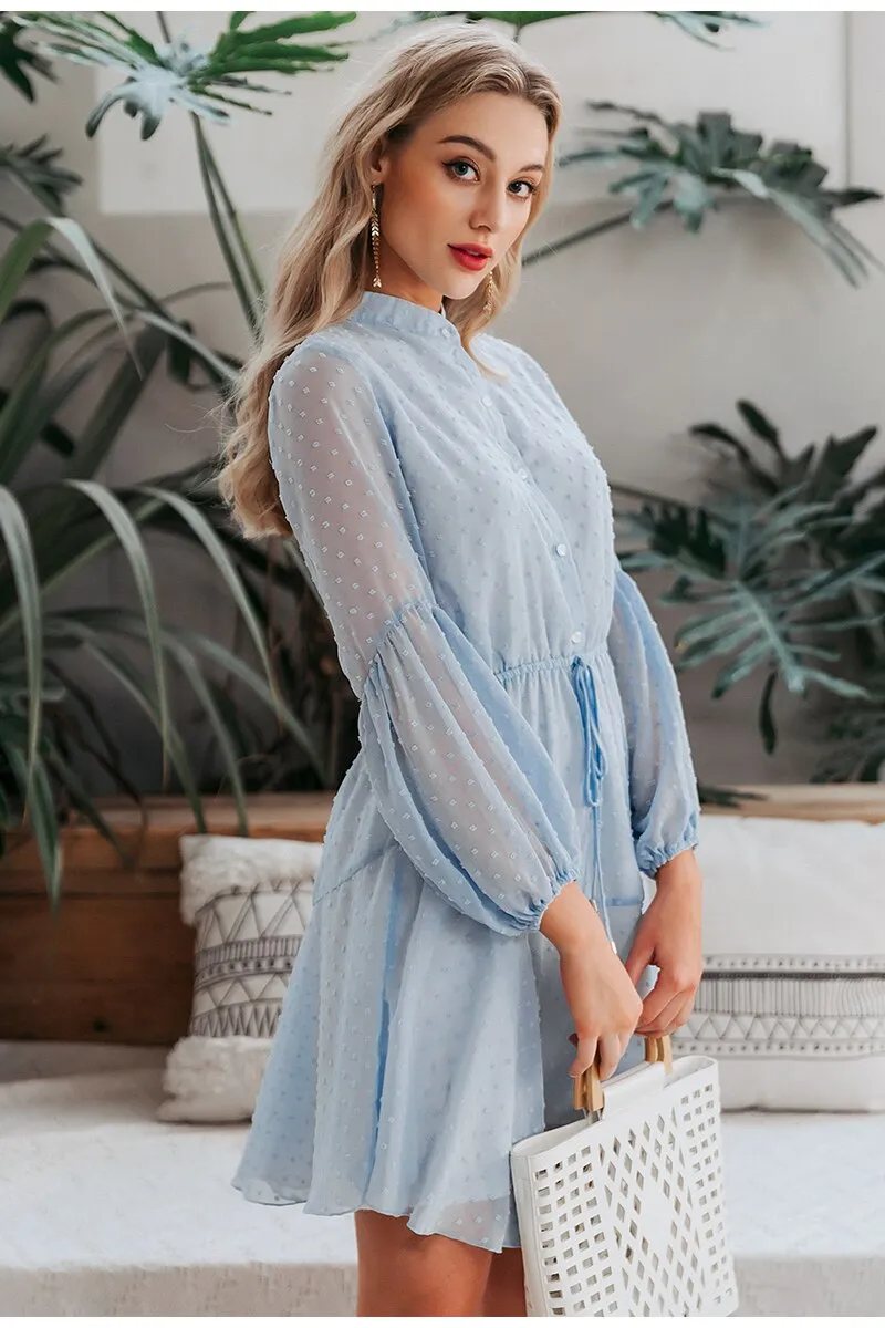 Sexy Solid Lantern Chiffon Sash Beach Party Summer Casual Work Chic O-neck Office Dress