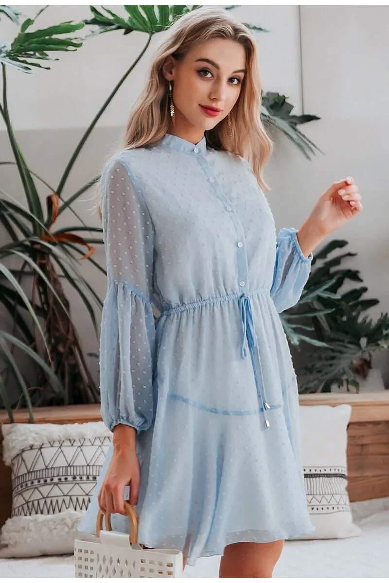 Sexy Solid Lantern Chiffon Sash Beach Party Summer Casual Work Chic O-neck Office Dress