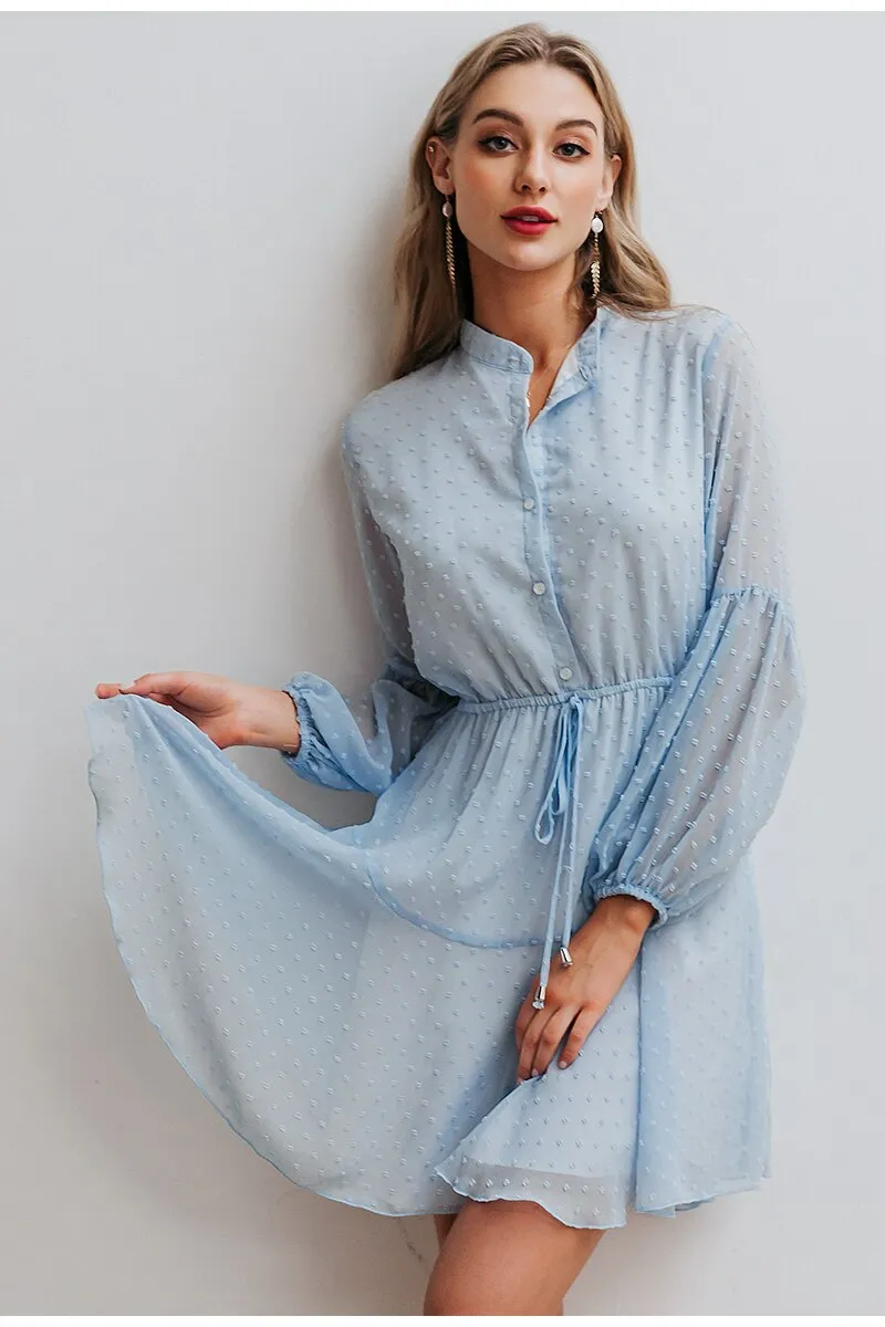 Sexy Solid Lantern Chiffon Sash Beach Party Summer Casual Work Chic O-neck Office Dress