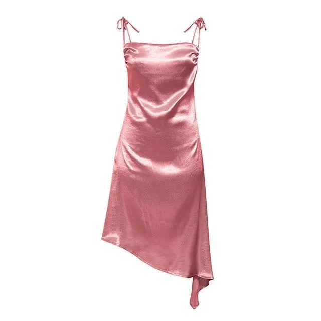 Sexy Spaghetti Strap Party A-line Sleeveless Asymmetrical Midi Sundress Club Style Summer Dress
