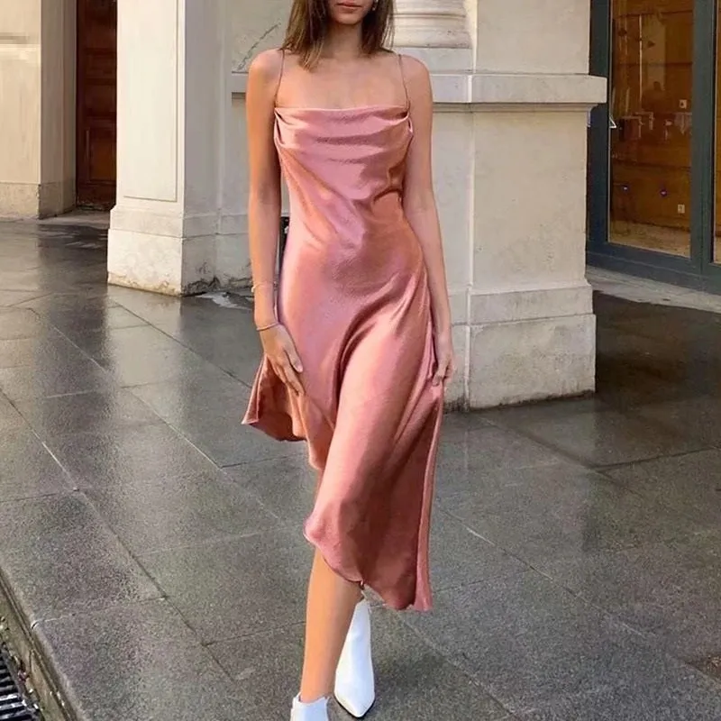 Sexy Spaghetti Strap Party A-line Sleeveless Asymmetrical Midi Sundress Club Style Summer Dress