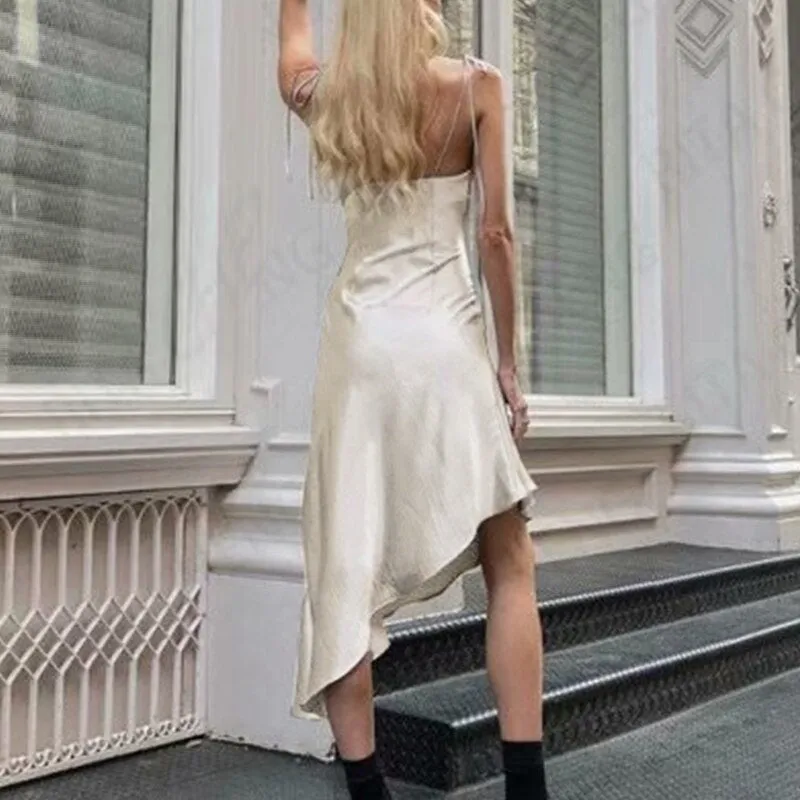 Sexy Spaghetti Strap Party A-line Sleeveless Asymmetrical Midi Sundress Club Style Summer Dress