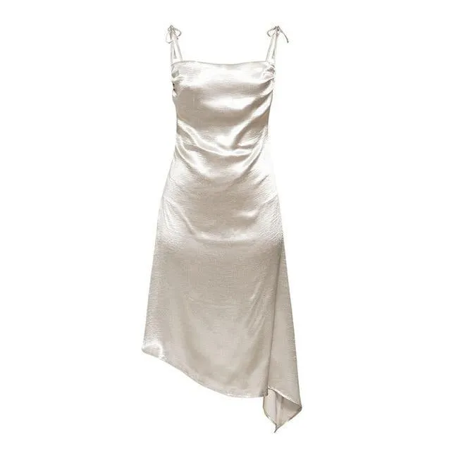 Sexy Spaghetti Strap Party A-line Sleeveless Asymmetrical Midi Sundress Club Style Summer Dress