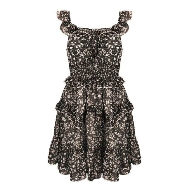 Sexy V-neck Boho Floral Print High Waist Summer Sleeveless Ruffled Sundress Beach Dress