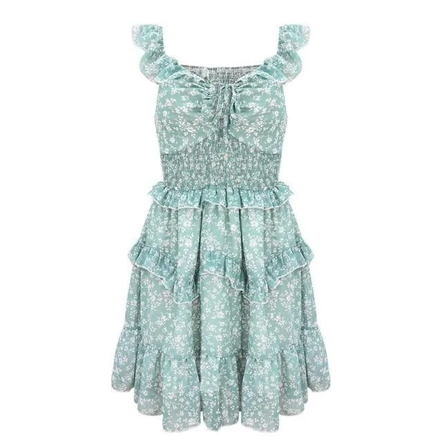 Sexy V-neck Boho Floral Print High Waist Summer Sleeveless Ruffled Sundress Beach Dress