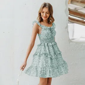 Sexy V-neck Boho Floral Print High Waist Summer Sleeveless Ruffled Sundress Beach Dress