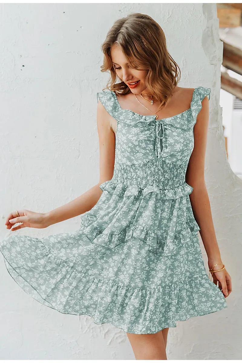 Sexy V-neck Boho Floral Print High Waist Summer Sleeveless Ruffled Sundress Beach Dress