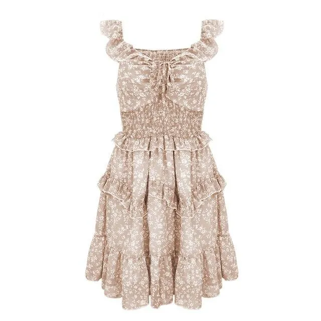 Sexy V-neck Boho Floral Print High Waist Summer Sleeveless Ruffled Sundress Beach Dress