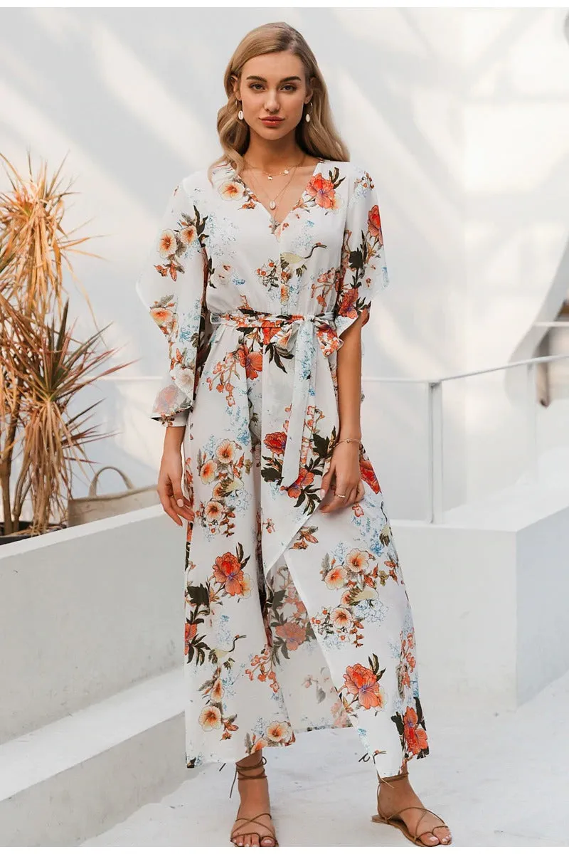 Sexy V-neck Floral Print Elegant Long Sleeve Asymmetrical Sundress Summer Long Maxi Dress
