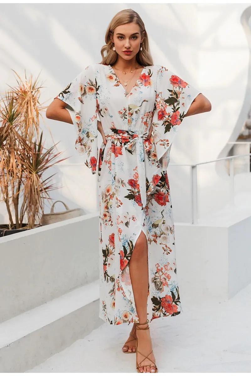 Sexy V-neck Floral Print Elegant Long Sleeve Asymmetrical Sundress Summer Long Maxi Dress