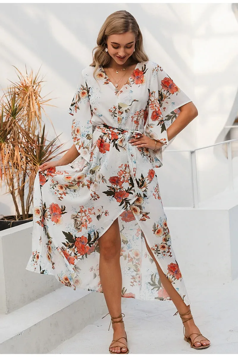 Sexy V-neck Floral Print Elegant Long Sleeve Asymmetrical Sundress Summer Long Maxi Dress