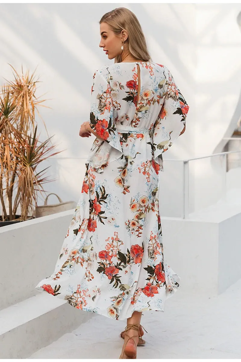 Sexy V-neck Floral Print Elegant Long Sleeve Asymmetrical Sundress Summer Long Maxi Dress
