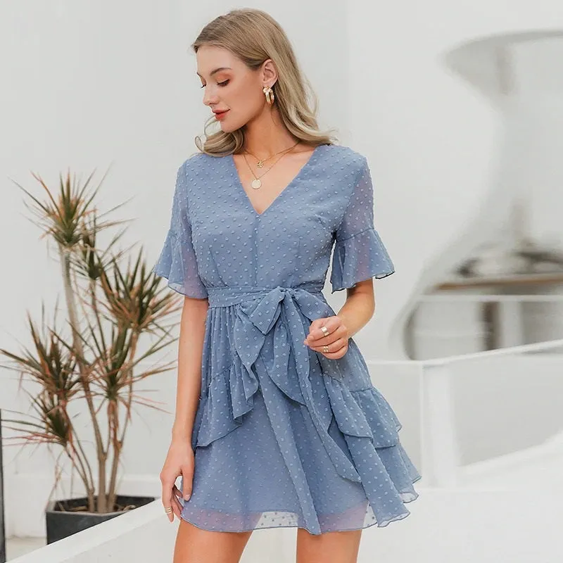 Sexy V-neck Polka Dot Summer Layer Ruffle Chiffon Short Sundress Elegant Zipper Holiday Dress