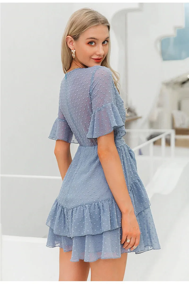 Sexy V-neck Polka Dot Summer Layer Ruffle Chiffon Short Sundress Elegant Zipper Holiday Dress