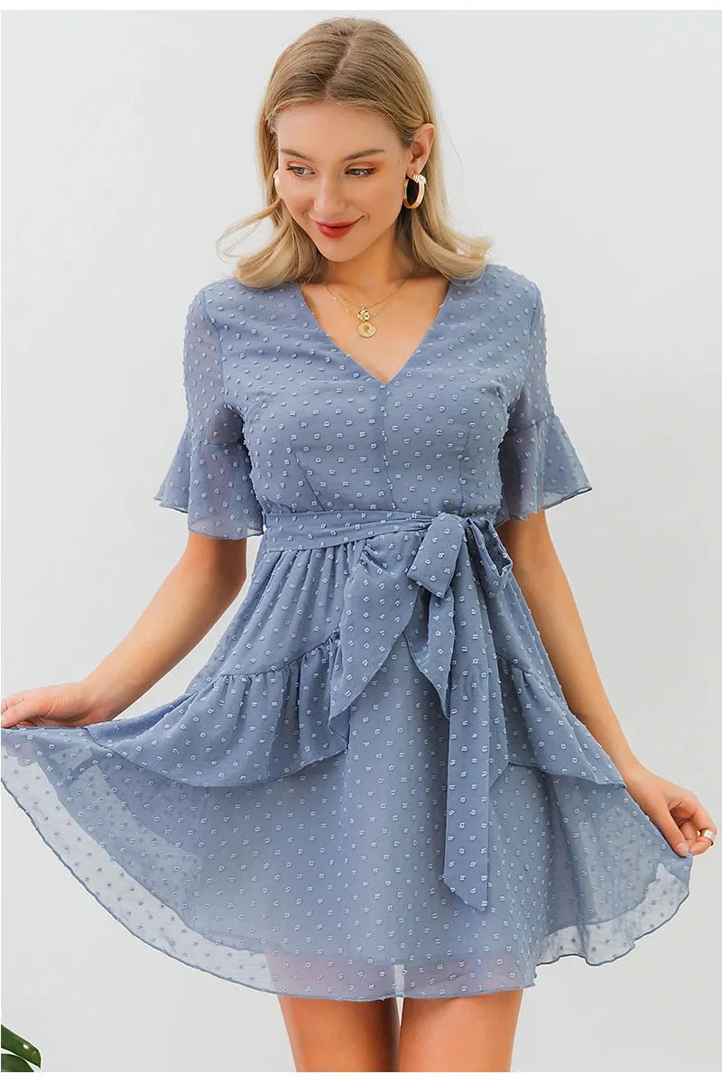 Sexy V-neck Polka Dot Summer Layer Ruffle Chiffon Short Sundress Elegant Zipper Holiday Dress