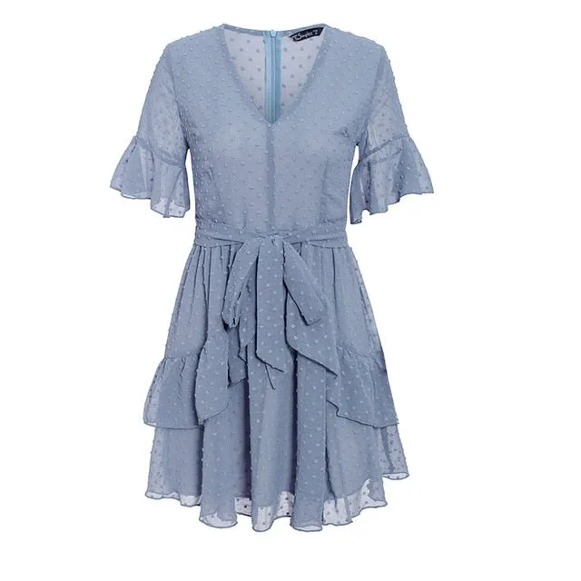 Sexy V-neck Polka Dot Summer Layer Ruffle Chiffon Short Sundress Elegant Zipper Holiday Dress