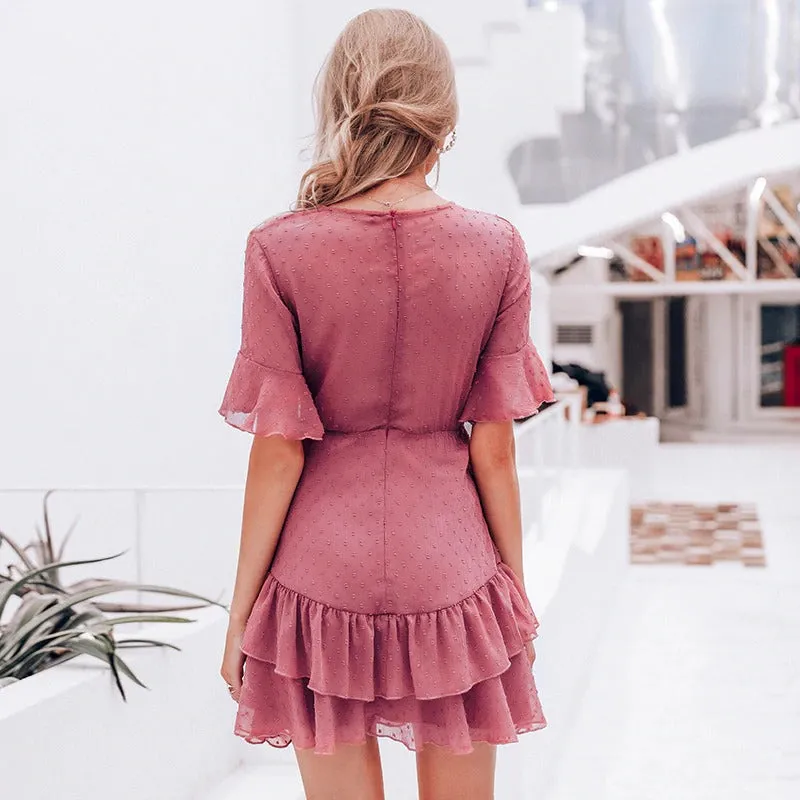 Sexy V-neck Polka Dot Summer Layer Ruffle Chiffon Short Sundress Elegant Zipper Holiday Dress
