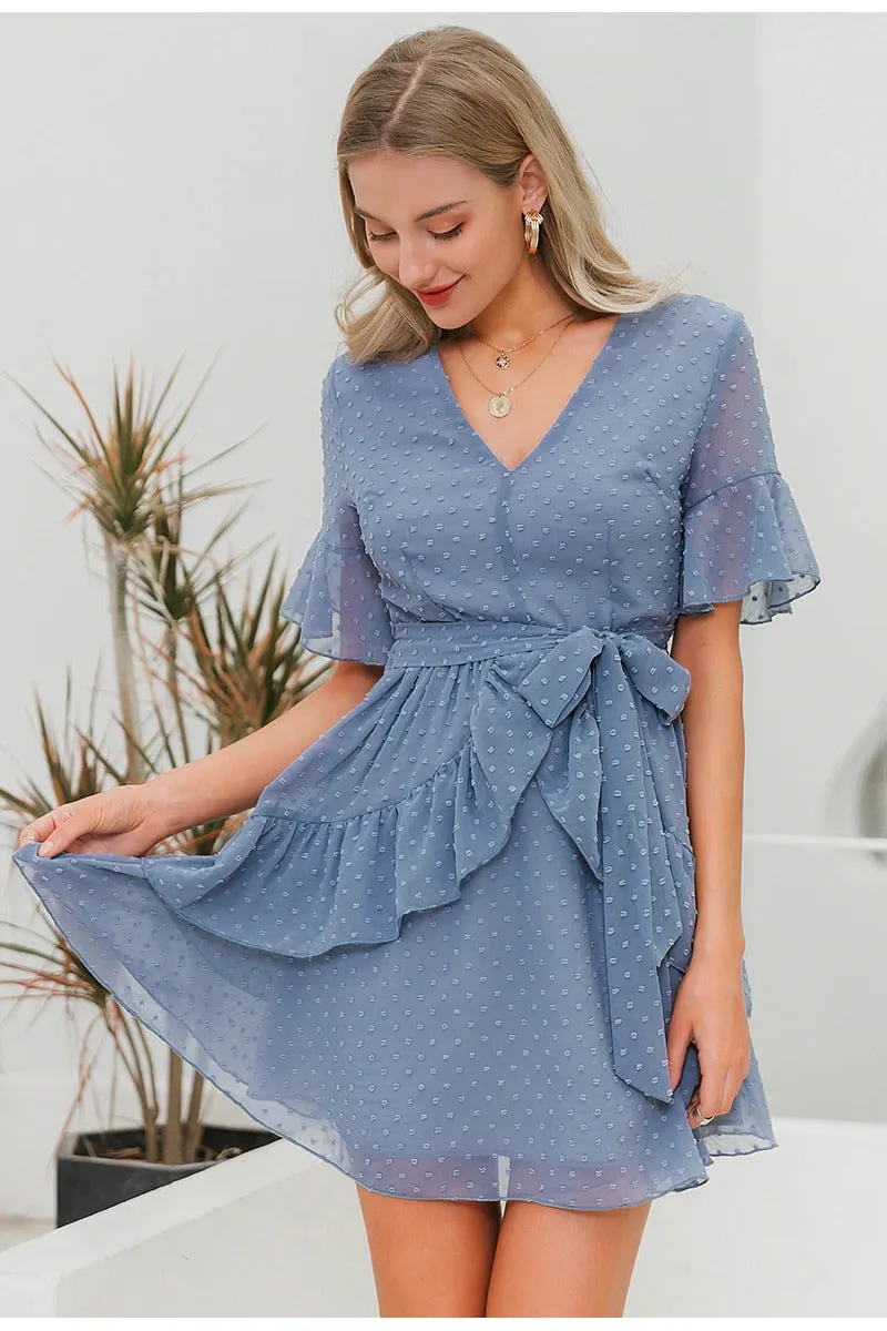 Sexy V-neck Polka Dot Summer Layer Ruffle Chiffon Short Sundress Elegant Zipper Holiday Dress